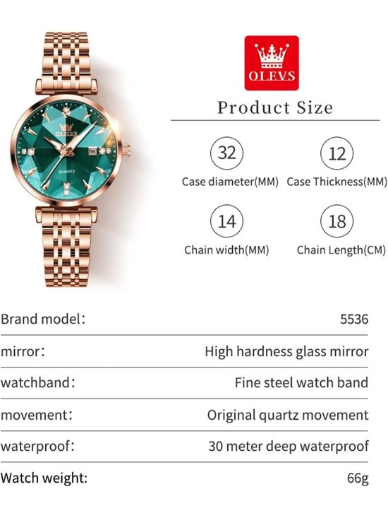 Women\'s Green Diamond Rose Gold Stainless Steel Waterproof Quartz Luxury Watch
